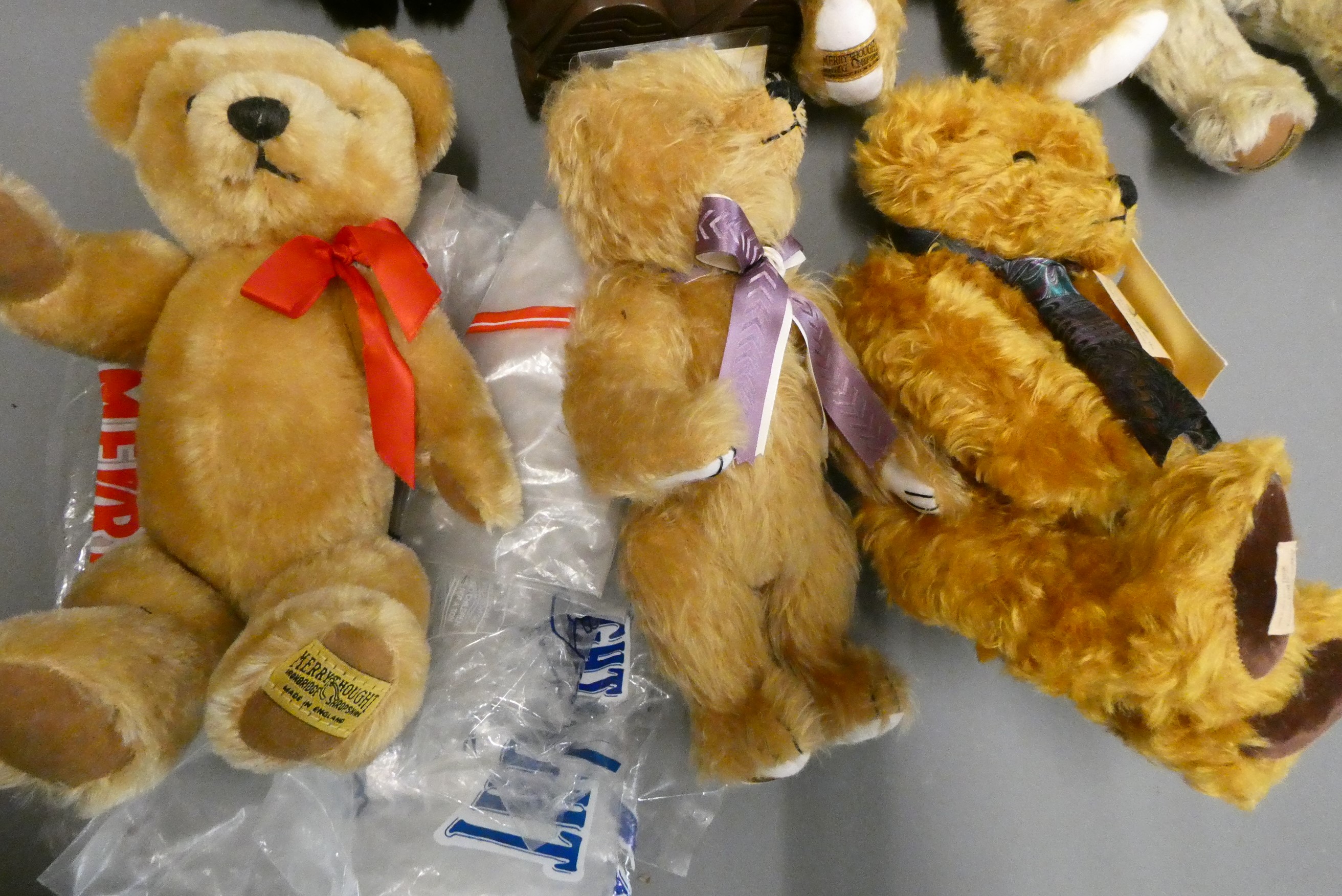 Eight collectors teddy bears, comprising five Merrythought bears including limited editions and one Image