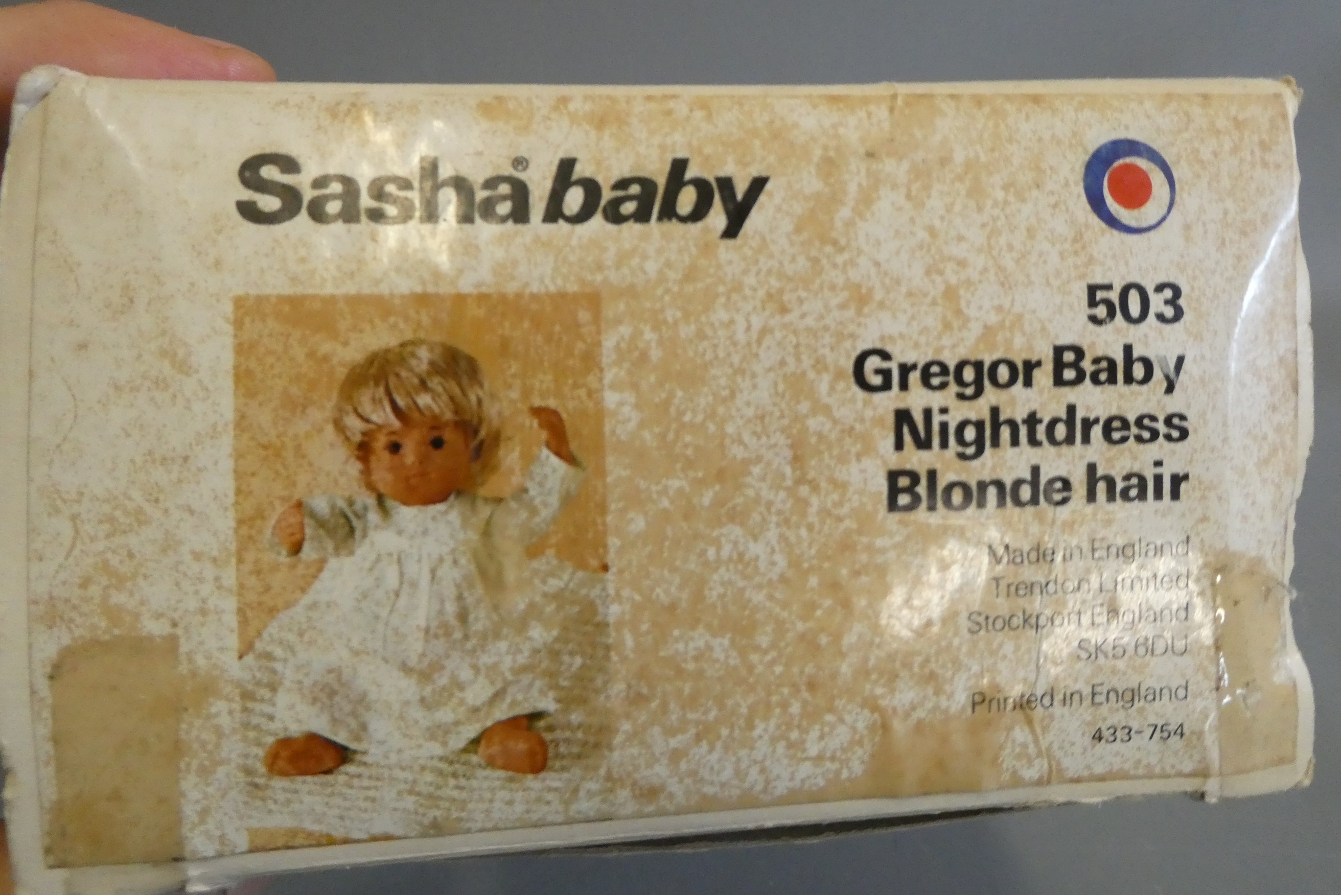 Sasha Gregor Baby doll, 503, with blond hair, jointed body and box, box 15" Image