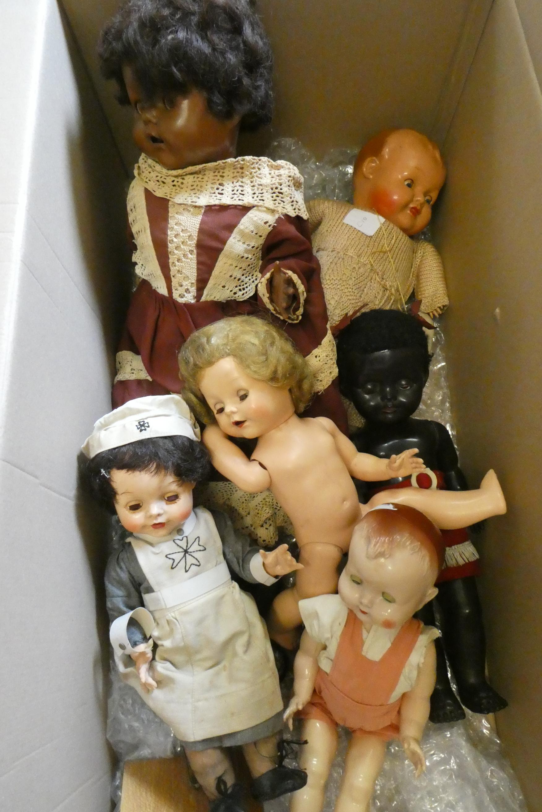Six vintage celluloid dolls, including Pedigree and others, largest 22" tall Image