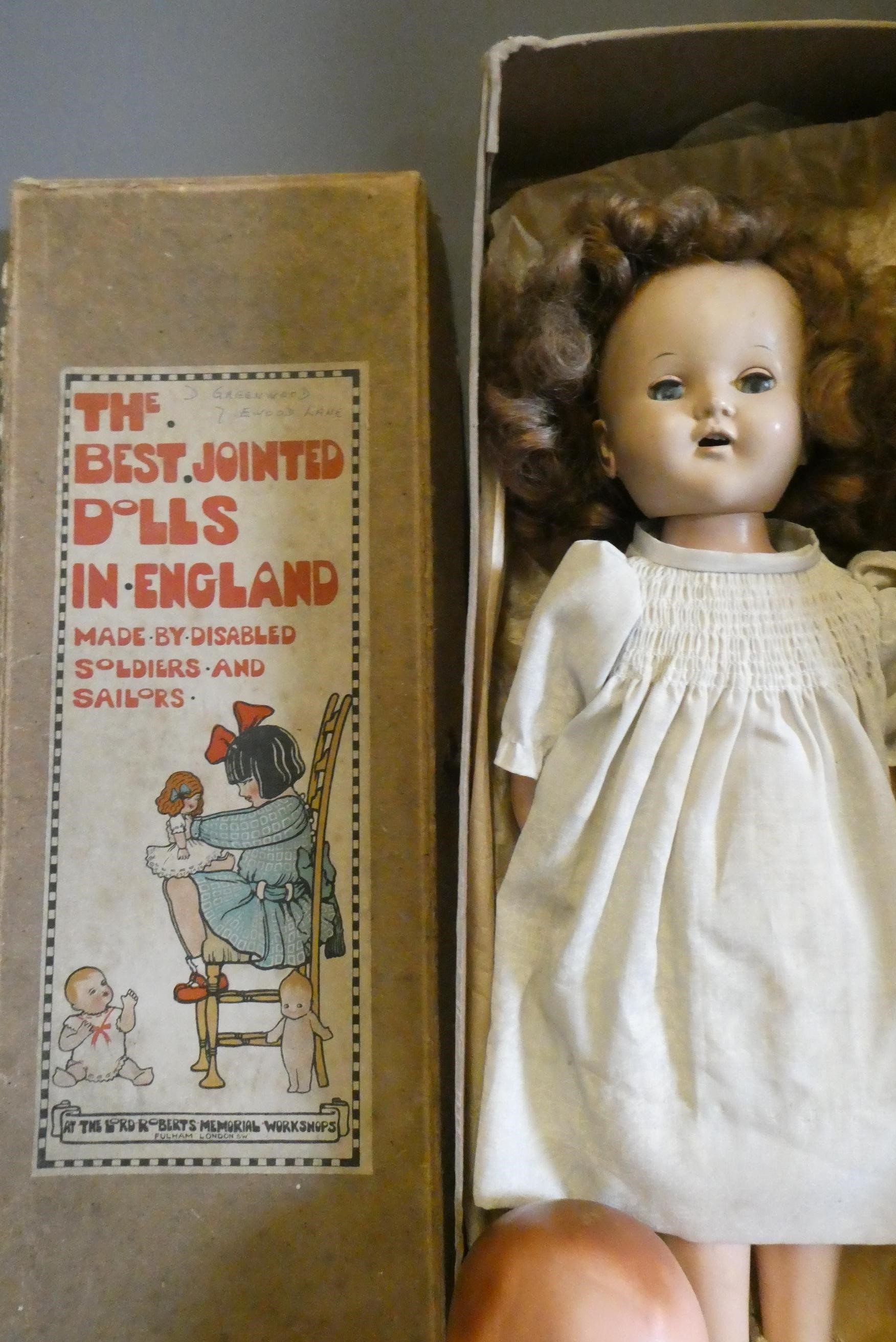 Five vintage dolls, including two in original boxes (one by Lord Roberts Memorial Workshops), an AM Image