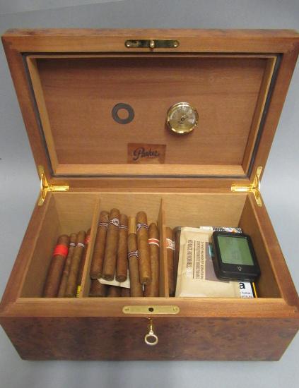 A larger Parker burr walnut veneer humidor with key Image