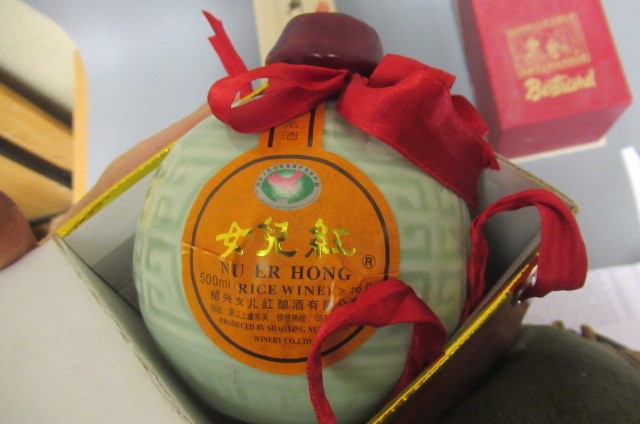 2 ceramic bottles of boxed rice wine (pagoda brand and other) Image