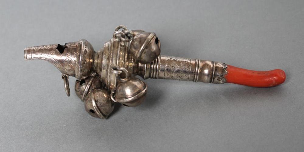 A LATE GEORGE III SILVER RATTLE/WHISTLE Image