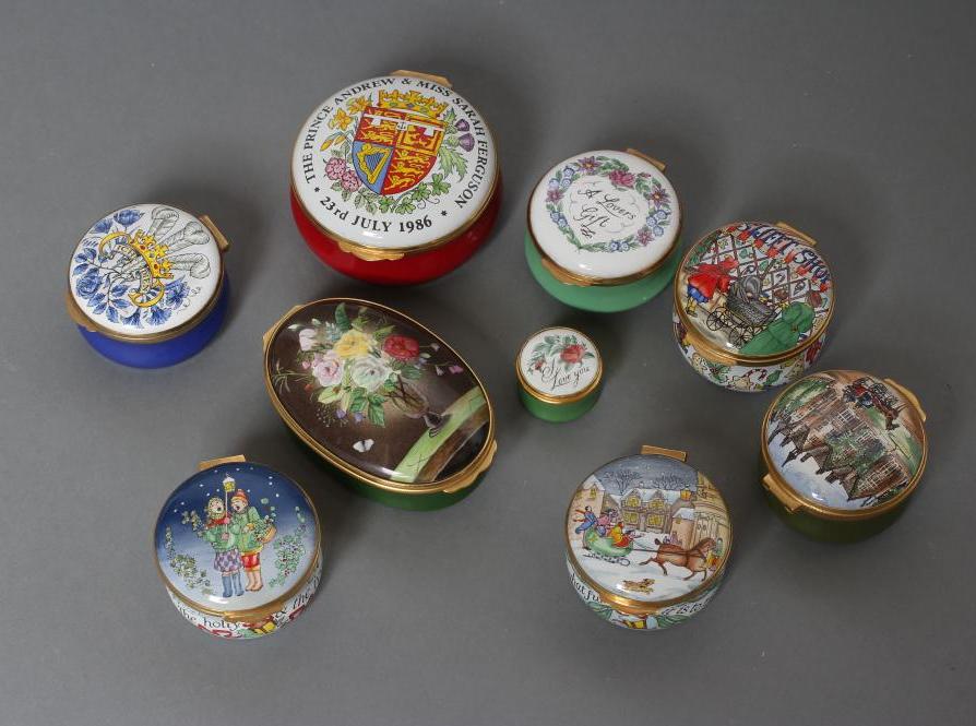 A COLLECTION OF EIGHT CRUMMLES ENAMEL BOXES including Christmas 1987/8/95 and Manor House Hotel Image