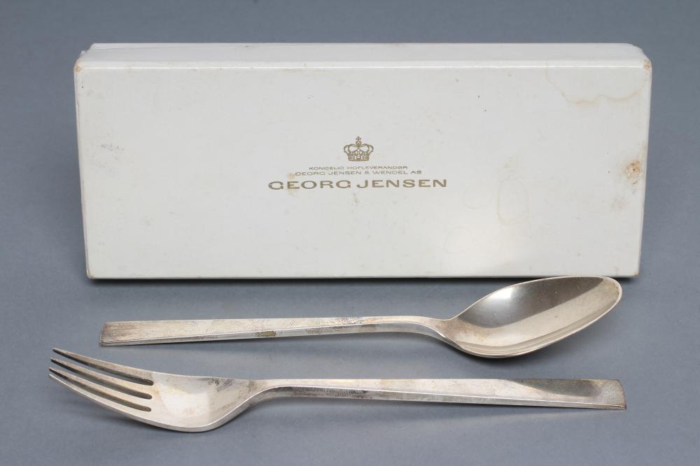 A GEORG JENSEN SILVER DESSERT SPOON AND FORK Image