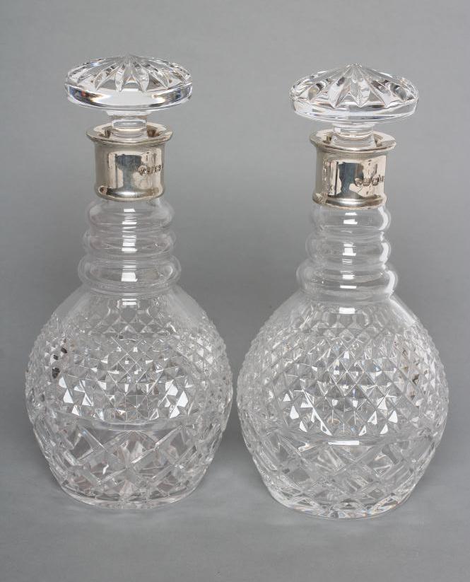 A PAIR OF CZECH LEAD GLASS & SILVER DECANTERS of triple ring neck form with mushroom stoppers and Image