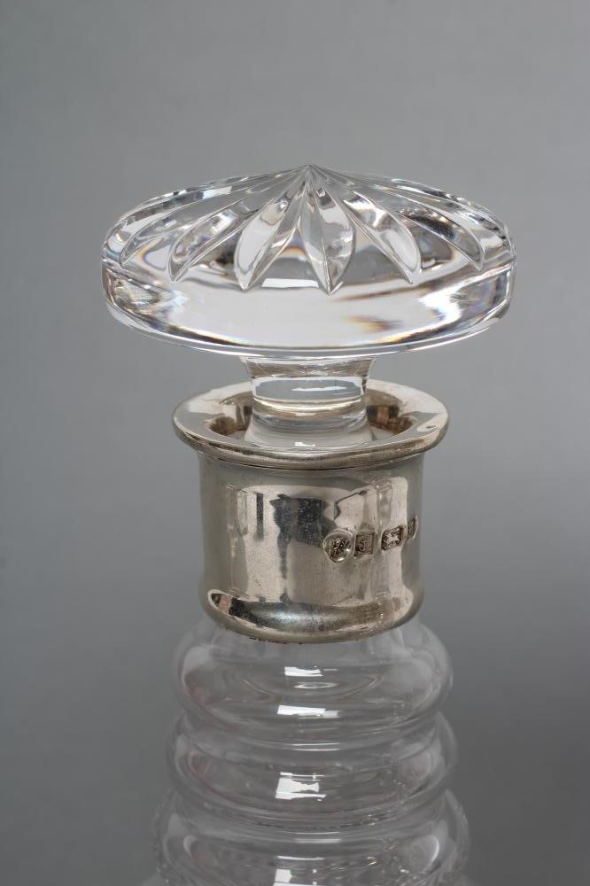 A PAIR OF CZECH LEAD GLASS & SILVER DECANTERS of triple ring neck form with mushroom stoppers and Image