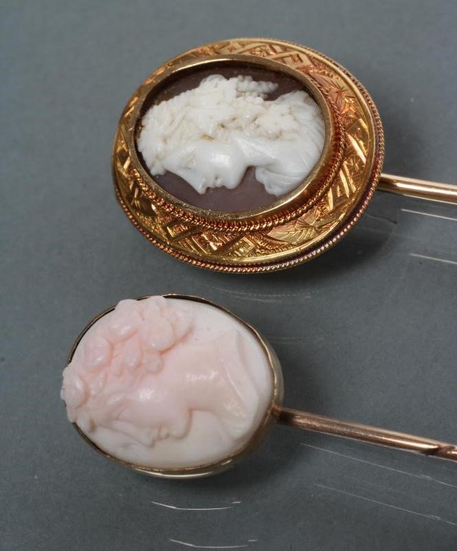 A VICTORIAN 18CT GOLD MOUNTED SHELL CAMEO STICK PIN Image