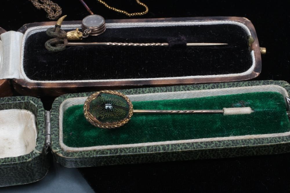 A COLLECTION OF NINE VICTORIAN AND LATER STICK PINS including a scarab Image