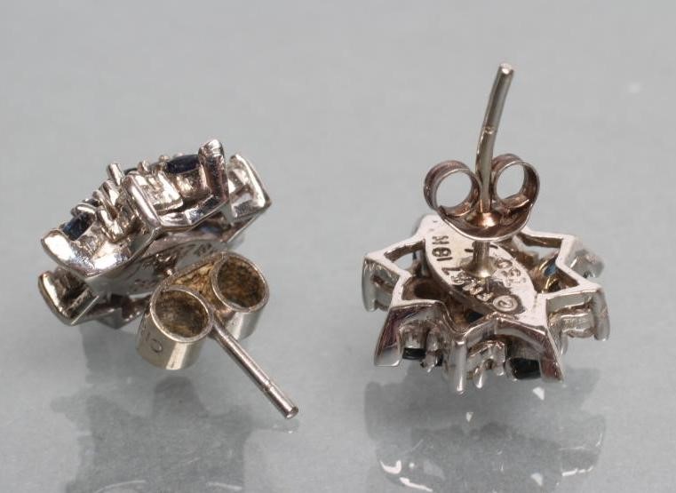 A PAIR OF SAPPHIRE AND DIAMOND SNOWFLAKE CLUSTER EAR STUDS on 18ct white gold posts (Est. plus 21% Image