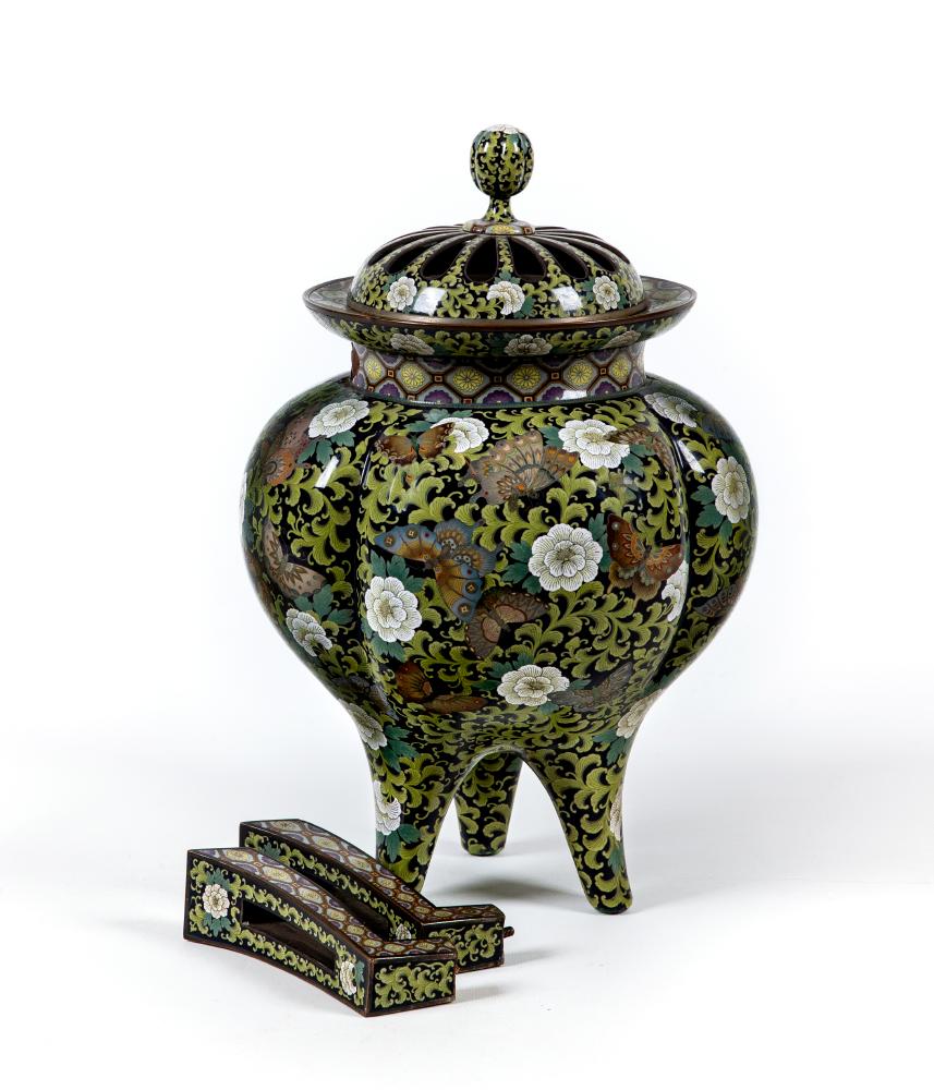 A JAPANESE CLOISONNE ENAMEL TRIPOD CENSOR AND COVER of two handled lobed ovoid form with arcade Image