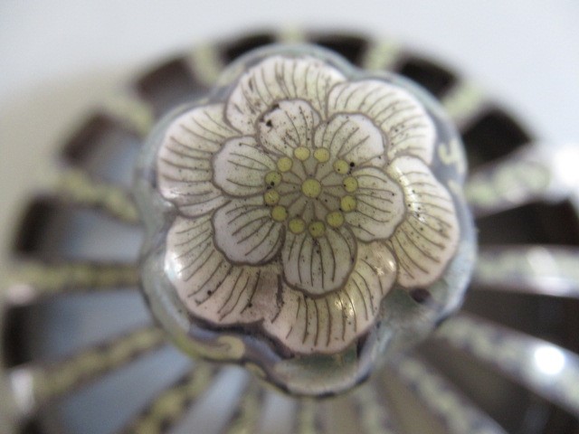 A JAPANESE CLOISONNE ENAMEL TRIPOD CENSOR AND COVER of two handled lobed ovoid form with arcade Image