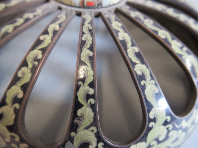 A JAPANESE CLOISONNE ENAMEL TRIPOD CENSOR AND COVER of two handled lobed ovoid form with arcade Image
