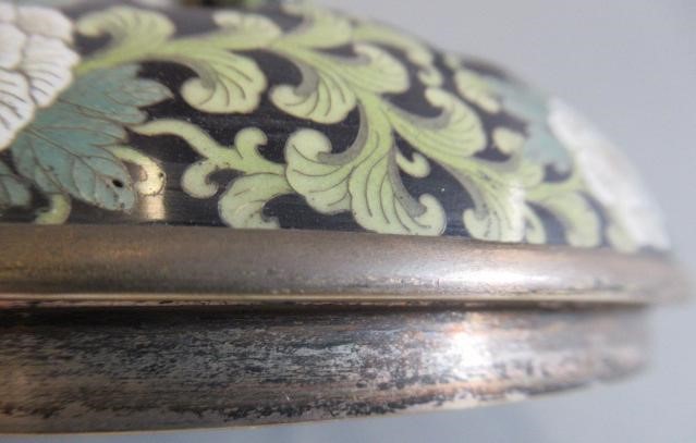 A JAPANESE CLOISONNE ENAMEL TRIPOD CENSOR AND COVER of two handled lobed ovoid form with arcade Image