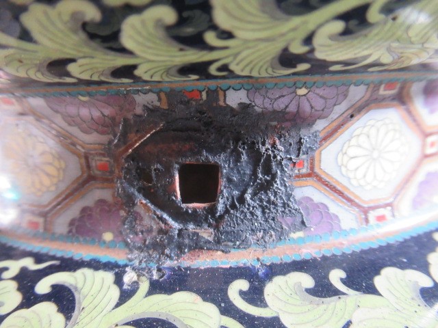 A JAPANESE CLOISONNE ENAMEL TRIPOD CENSOR AND COVER of two handled lobed ovoid form with arcade Image