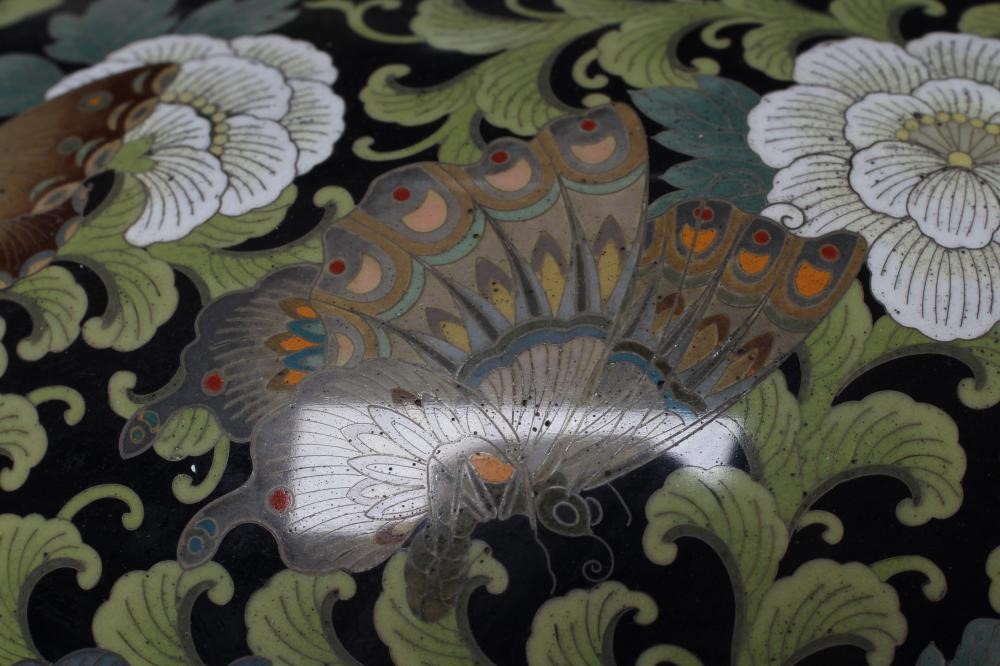 A JAPANESE CLOISONNE ENAMEL TRIPOD CENSOR AND COVER of two handled lobed ovoid form with arcade Image