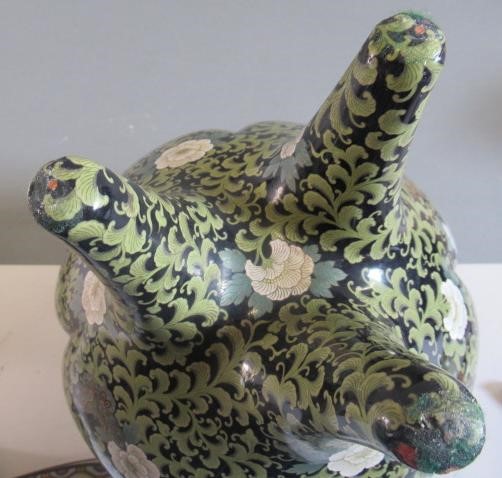 A JAPANESE CLOISONNE ENAMEL TRIPOD CENSOR AND COVER of two handled lobed ovoid form with arcade Image