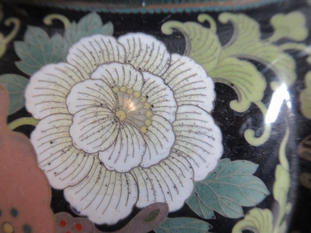 A JAPANESE CLOISONNE ENAMEL TRIPOD CENSOR AND COVER of two handled lobed ovoid form with arcade Image