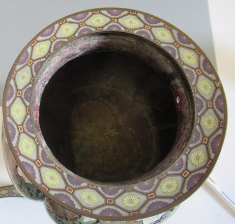 A JAPANESE CLOISONNE ENAMEL TRIPOD CENSOR AND COVER of two handled lobed ovoid form with arcade Image