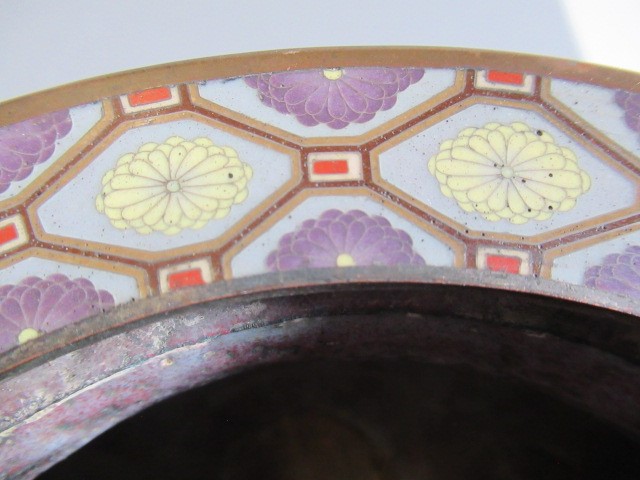 A JAPANESE CLOISONNE ENAMEL TRIPOD CENSOR AND COVER of two handled lobed ovoid form with arcade Image