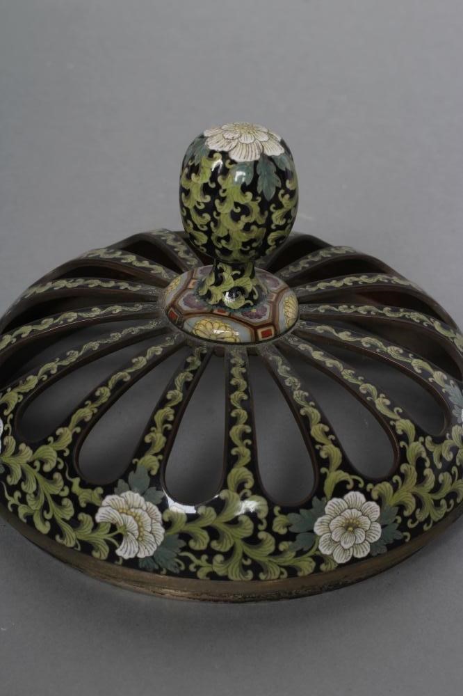 A JAPANESE CLOISONNE ENAMEL TRIPOD CENSOR AND COVER of two handled lobed ovoid form with arcade Image