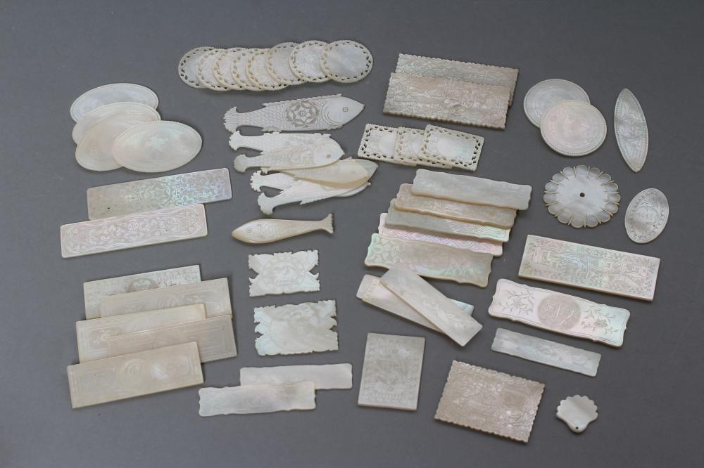 A COLLECTION OF FIFTY TWO CHINESE MOTHER OF PEARL GAMING COUNTERS Image