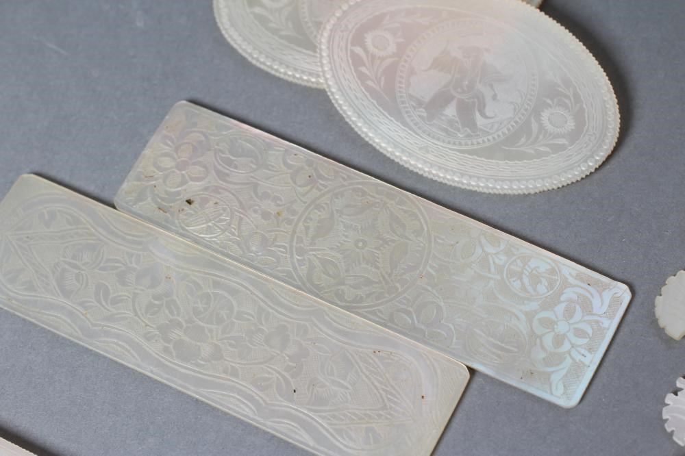 A COLLECTION OF FIFTY TWO CHINESE MOTHER OF PEARL GAMING COUNTERS Image