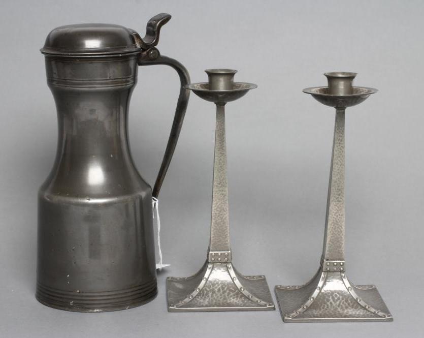A PAIR OF "CORNISH" PEWTER ARTS AND CRAFTS STYLE CANDLESTICKS by James Dixon Image