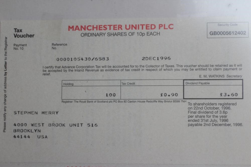 MANCHESTER UNITED PLC SHARE CERTIFICATE Image