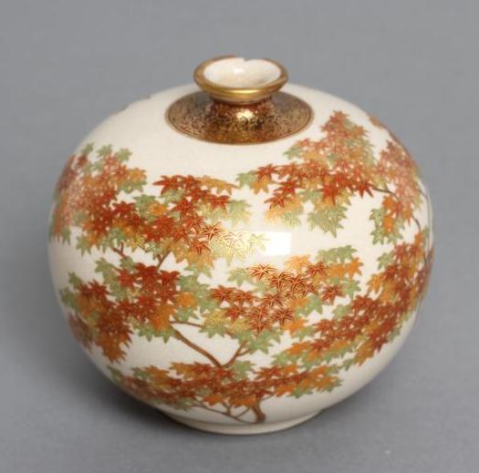 A SATSUMA EARTHENWARE SMALL VASE of bombe cylindrical form Image