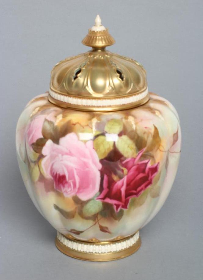A ROYAL WORCESTER CHINA POT POURRI VASE AND COVERS Image