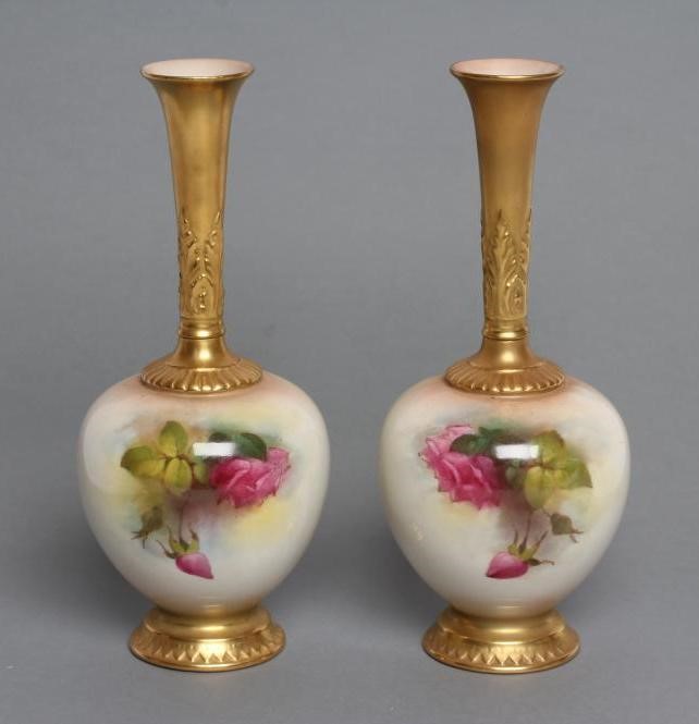 A PAIR OF ROYAL WORCESTER CHINA BUD VASES Image