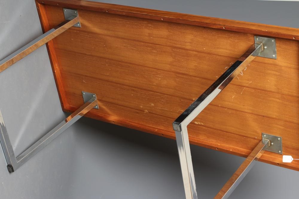 A ROSEWOOD VENEERED AND POLISHED STEEL(?) SIDE TABLE Image