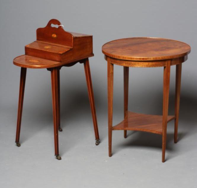 AN EDWARDIAN MAHOGANY AND BANDED BUTLERS TABLE of oblong form with marquetry paterae and bowed tray Image