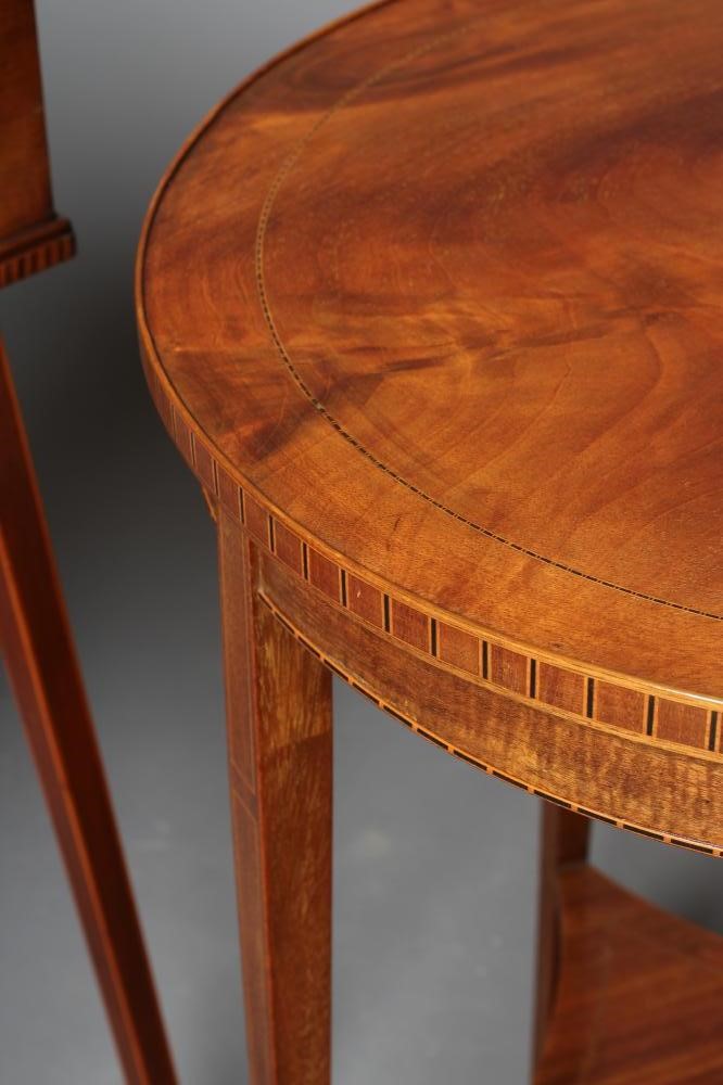AN EDWARDIAN MAHOGANY AND BANDED BUTLERS TABLE of oblong form with marquetry paterae and bowed tray Image