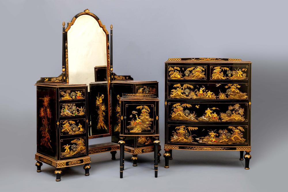A BLACK LACQUERED CHINOISERIE PART BEDROOM SUITE Image