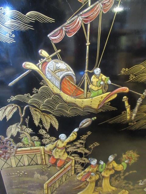 A BLACK LACQUERED CHINOISERIE PART BEDROOM SUITE Image