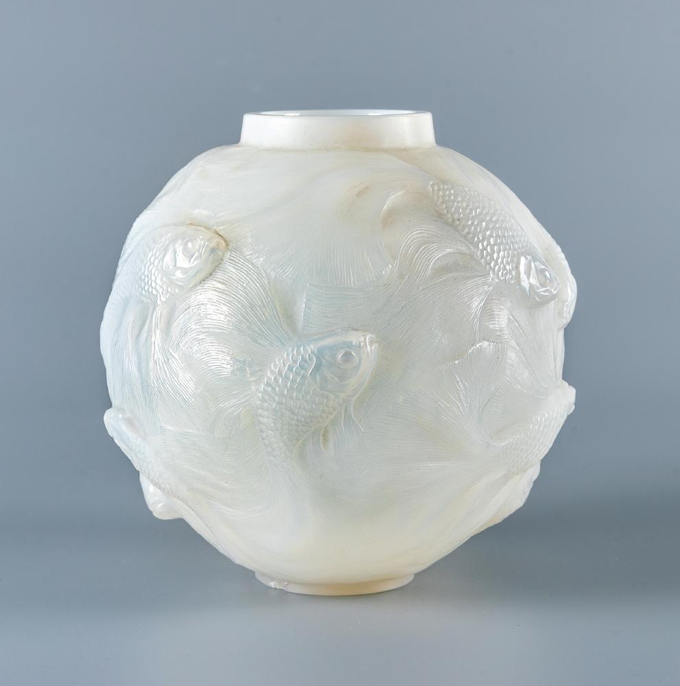A LALIQUE GLASS FORMOSE PATTERN GLOBULAR VASE in opalescent pale blue Image
