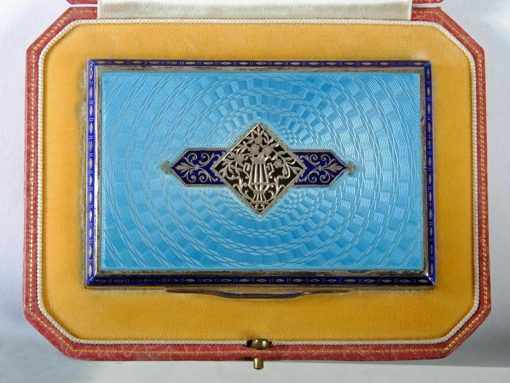 A FRENCH ART DECO SILVER AND GUILLOCHE ENAMEL CIGARETTE CASE Image