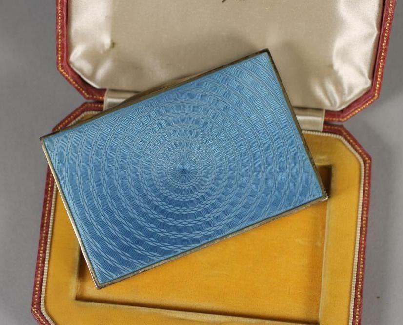 A FRENCH ART DECO SILVER AND GUILLOCHE ENAMEL CIGARETTE CASE Image