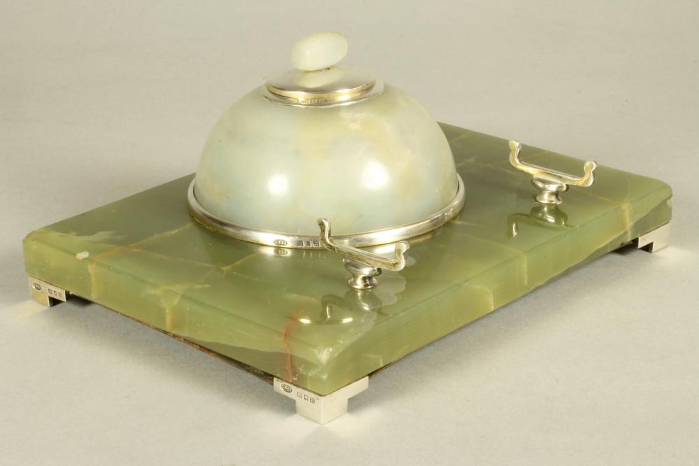 AN ART DECO SILVER MOUNTED TWO TONE GREEN ONYX DESK STANDISH Image