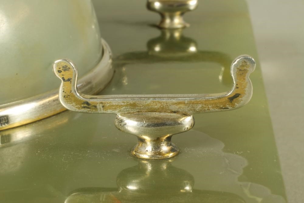 AN ART DECO SILVER MOUNTED TWO TONE GREEN ONYX DESK STANDISH Image