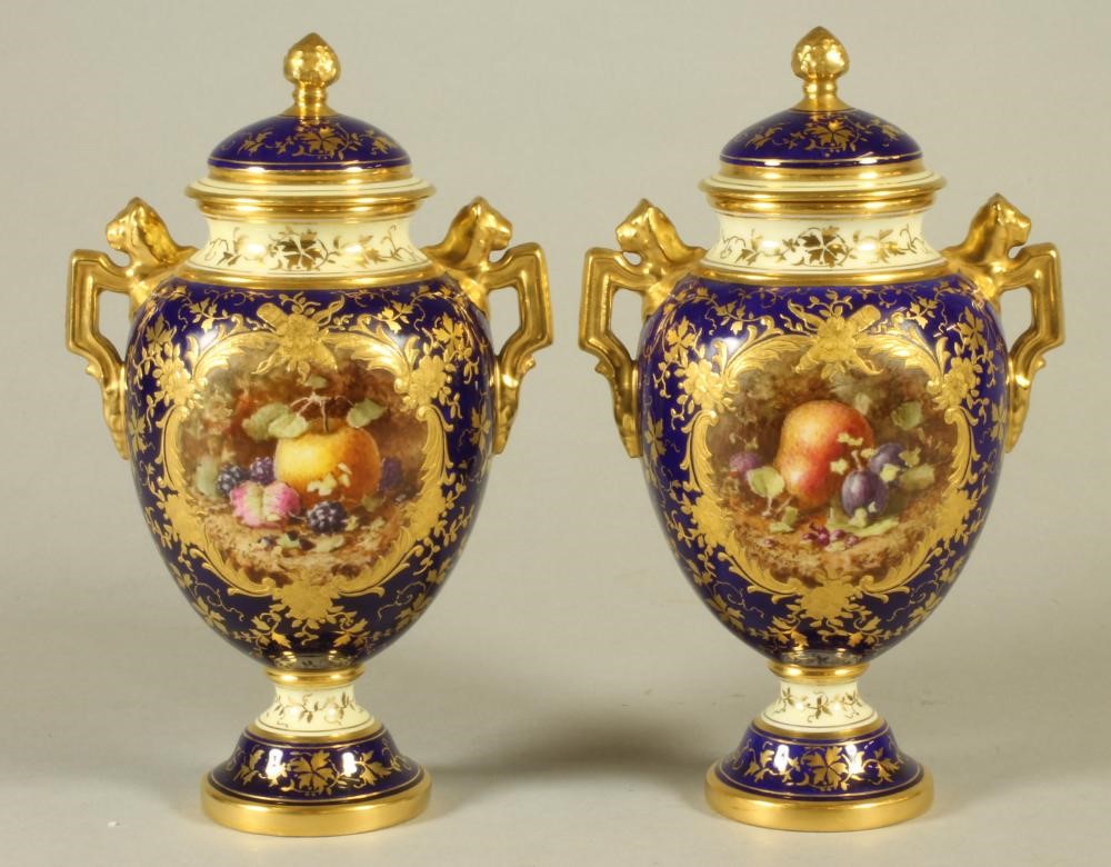 A PAIR OF COALPORT CHINA VASES AND COVERS Image