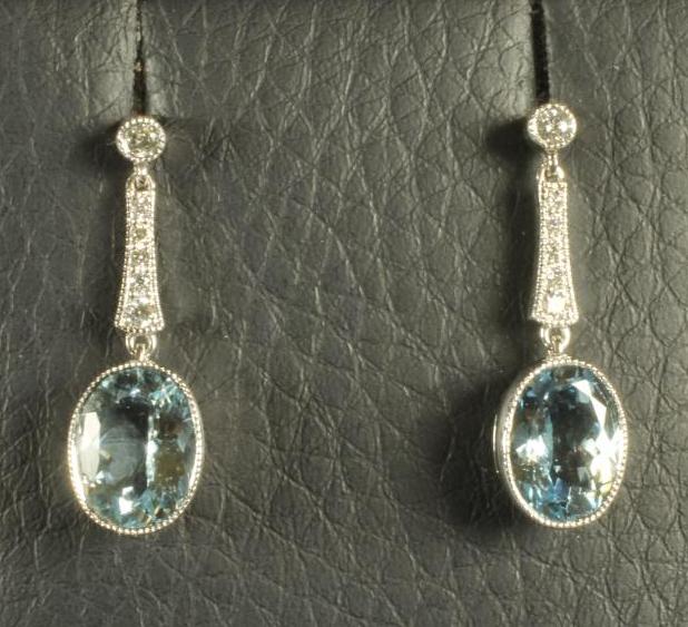 A PAIR OF AQUAMARINE PENDANT EARRINGS Image