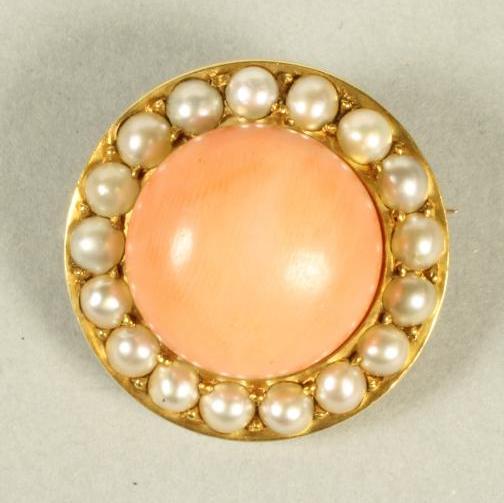 A VICTORIAN CORAL AND PEARL BROOCH Image