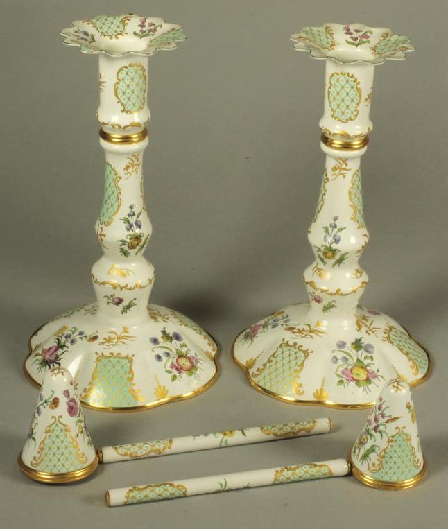 A PAIR OF HALCYON DAYS BILSTON ENAMEL TAPERSTICKS Image