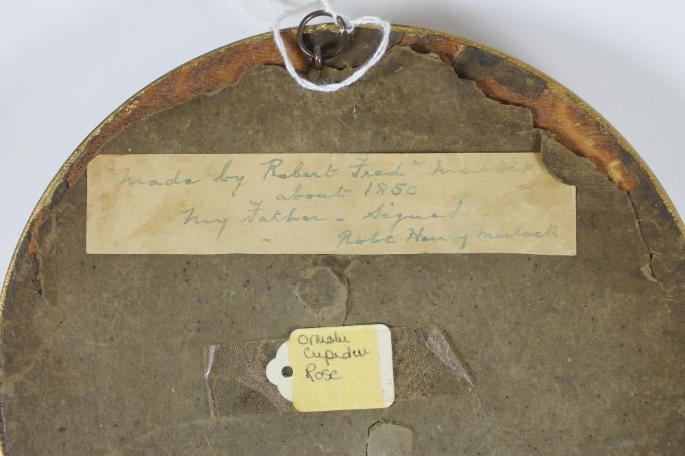 A VICTORIAN ORMOLU SMALL PLAQUE cast as a cupid kneeling within a full blown rose Image