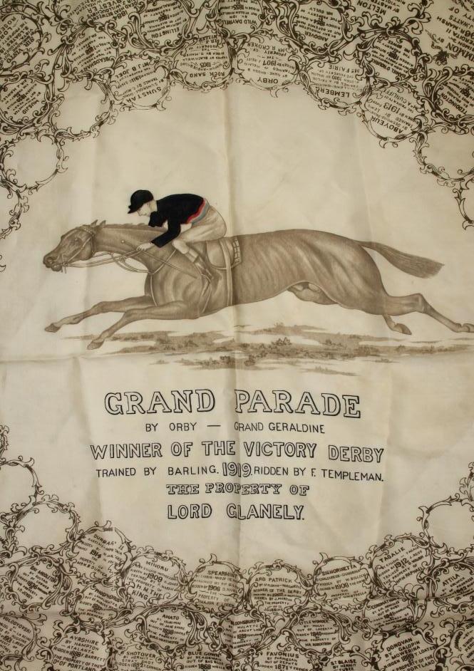 HORSE RACING INTEREST - a cream silk scarf centrally printed in brown with the race-horse "Grand Image