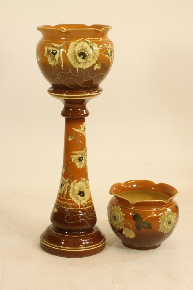 TWO SIMILAR ART NOUVEAU RAVISSANT EARTHENWARE JARDINIERES AND A STAND Image