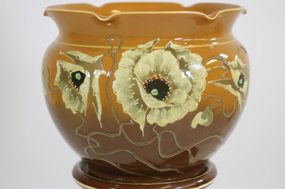 TWO SIMILAR ART NOUVEAU RAVISSANT EARTHENWARE JARDINIERES AND A STAND Image